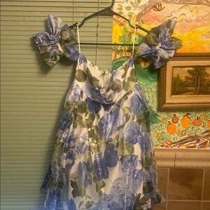 Floral Off-Shoulder Dress with Blue and Green Print
